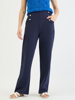 ELLE - Women Navy Blue Solid Mid-Rise Straight Fit Wide-Leg Pant