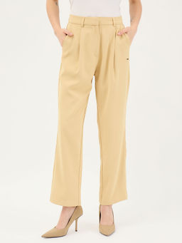 ELLE - Women Beige Solid Straight Fit High Rise Pleated Trouser