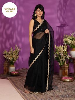 Gajra Gang - Vintage Rani Black Gold Scallop Lace Organza Saree GGSAR05
