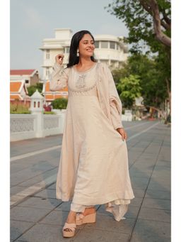 MOKOSH - Women Embroidered Anarkali Cream Kurta with Pant and Dupatta