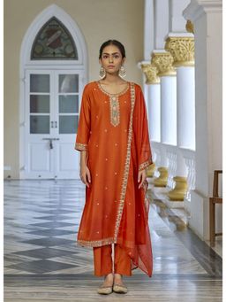 MOKOSH - Women Embroidered Silk Orange Kurta with Pant and Dupatta