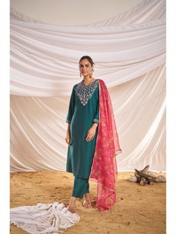 BulBul - Women Embroidered Green Kurta with Pant and Dupatta