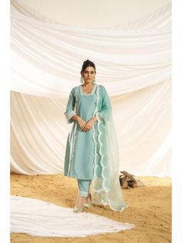 BulBul - Women Embroidered Aqua Kurta with Pant and Dupatta