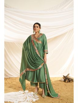 BulBul - Women Embroidered Green Angarkha Kurta with Pant and Dupatta