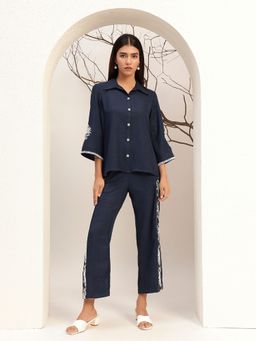 Bani Women - Solid Mandarin Collar Women Casual Navy Blue Co-Ord Set