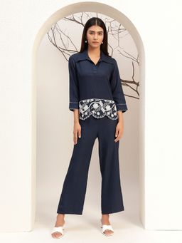 Bani Women - Solid Mandarin Collar Casual Navy Blue Co-Ord Set