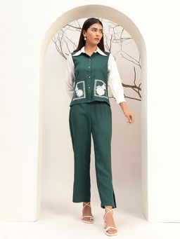 Bani Women - Solid Mandarin Collar Casual Green Co-Ord Set