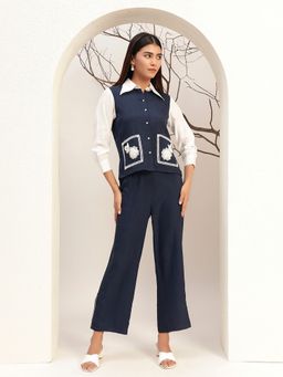 Bani Women - Solid Mandarin Collar Casual Navy Blue Co-Ord Set