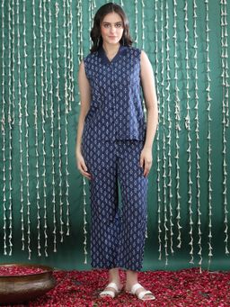Bani Women - Blue Printed Sleeveless Shirt Collar Co-Ord Set