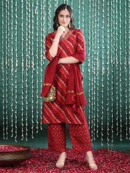 Bani Women - Red Bandhani Print Kurta And Pant With Dupatta