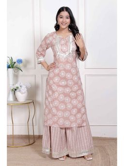 Doriyaan - Women Brown Floral Printed Straight Ethnic Kurta with Palazzo