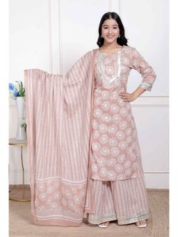 Doriyaan - Women Brown Floral Printed Cotton Straight Kurta with Palazzo and Dupatta