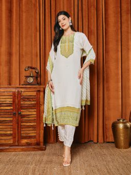 MEENA BAZAAR - Cream with Green Printed Kurta with Salwar and Dupatta