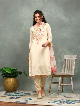 MEENA BAZAAR - Embroidered Beige Kurta with Salwar and Dupatta