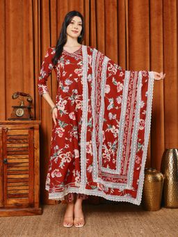 MEENA BAZAAR - Printed Maroon Anarkali Kurta with Pant and Dupatta