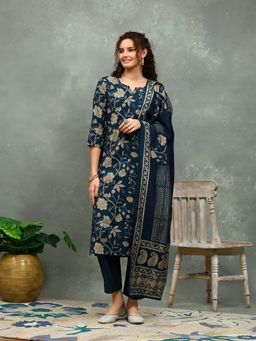 MEENA BAZAAR - Printed Teal Blue Kurta with Pant and Dupatta