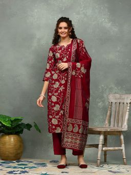 MEENA BAZAAR - Printed Wine Kurta with Pant and Dupatta