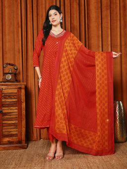 MEENA BAZAAR - Embroidered Orange Kurta with Pant and Dupatta