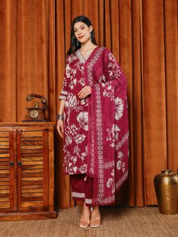MEENA BAZAAR - Printed Wine Kurta with Pant and Dupatta