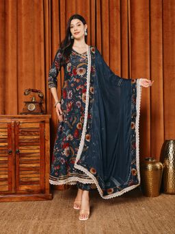 MEENA BAZAAR - Printed Peacock Blue Kurta with Pant and Dupatta