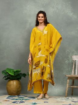 MEENA BAZAAR - Printed Mustard Kaftan Tunic with Pant