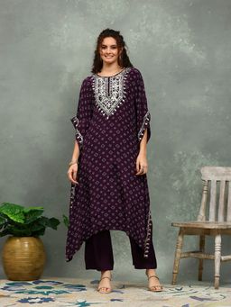 MEENA BAZAAR - Printed Wine Kaftan Tunic with Pant