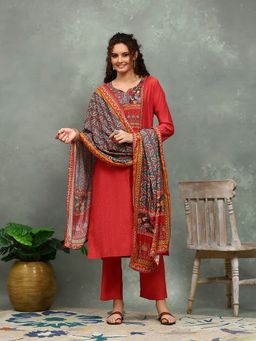 MEENA BAZAAR - Printed Red Kurta with Pant and Dupatta