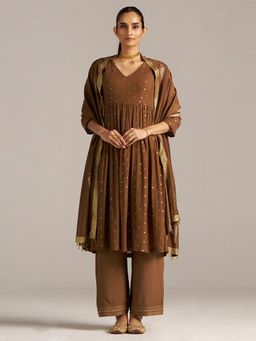 Ganga Fashions - Chanderi Self Design Brown Kurta with Pant and Dupatta