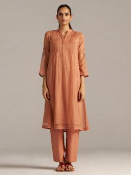 Ganga Fashions - Chanderi Self Design Orange Kurta with Slip and Pant