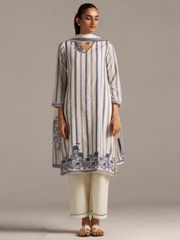 Ganga Fashions - Chanderi Stripes Off White Kurta with Pant and Dupatta