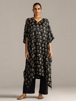 Ganga Fashions - Silk Floral Black Kaftan Kurta with Slip and Pant