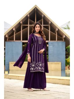 JATRIQQ - Georgette Embroidered Purple Kurta with Sharara and Dupatta