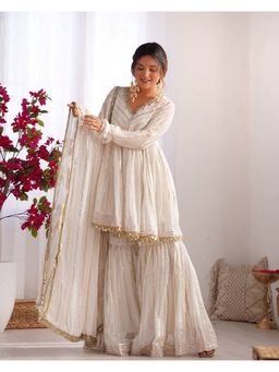JATRIQQ - Mul Mirror Work Off White Kurta with Sharara and Dupatta