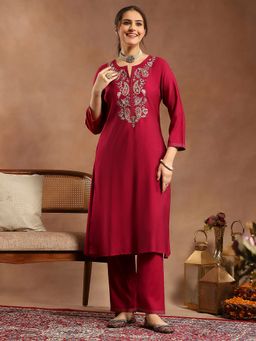 Nayam by lakshita - Silk Blend Straight with Paisley Embroidery Red Kurta with Pant