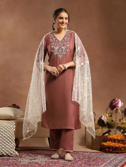Nayam by lakshita - Embroidered Brown Kurta with Pant and Dupatta