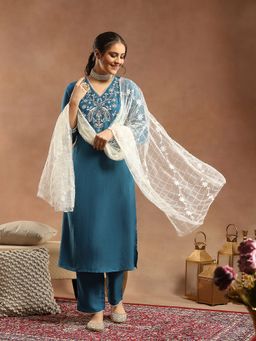 Nayam by lakshita - Embroidered Teal Kurta with Pant and Dupatta