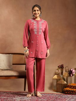 Nayam by lakshita - Embroidered Pink Rayon Kurta with Pant Co-Ord Set