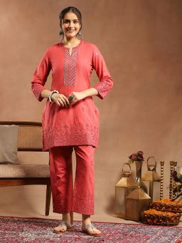 Nayam by lakshita - Embroidered Pink Cotton Kurta with Pant Co-Ord Set