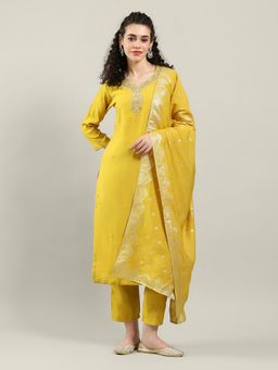 MEENA BAZAAR - Embroidered Mustard Kurta with Pant and Dupatta