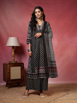 MEENA BAZAAR - Printed Black Anarkali Kurta with Pant and Dupatta