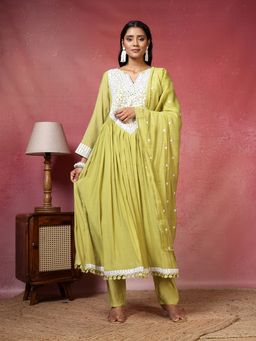 MEENA BAZAAR - Embroidered Green Kurta with Pant and Dupatta