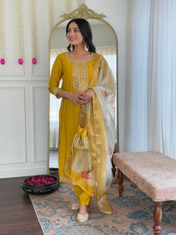 MEENA BAZAAR - Embroidered Mustard Kurta with Pant and Dupatta
