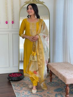 MEENA BAZAAR - Embroidered Mustard Kurta with Pant and Dupatta