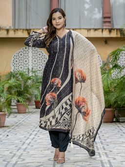 MEENA BAZAAR - Printed Black Kurta with Salwar and Dupatta