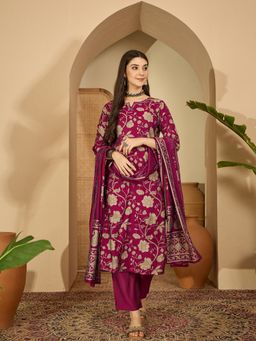 Vastramyaa - Women Maroon Floral Kurta with Pant and Dupatta