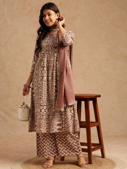 Vbuyz - Women Beige Geometric A-Line Cotton Stitched Kurta and Palazzo with Dupatta