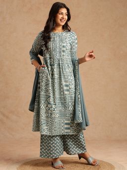 Vbuyz - Women Aqua Geometric A-Line Cotton Stitched Kurta And Palazzo With Dupatta