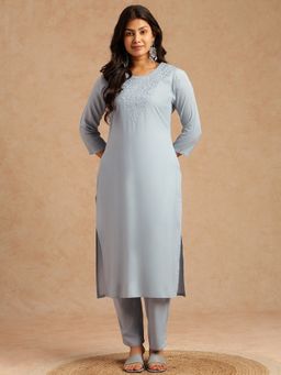 Vbuyz - Women Sky Blue Straight Rayon Stitched Kurta And Pant