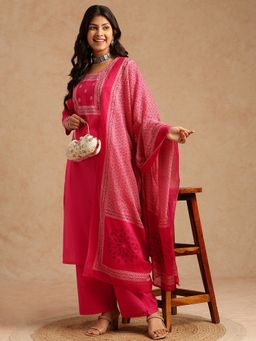 Vbuyz - Women Pink Printed Straight Cotton Stitched Kurta And Palazzo With Dupatta