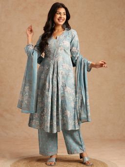 Vbuyz - Sky Floral Print A-Line Cotton Stitched Blue Anarkali Kurta And Pant With Dupatta
